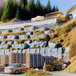 Construction en montagne avec pelleteuse et empilements de pierres.