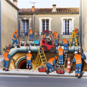 Travailleurs en chantier installant une canalisation souterraine.