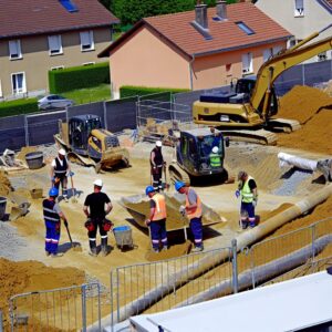 Ouvriers en gilets réfléchissants travaillant sur un chantier.