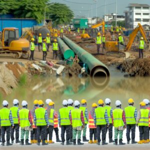 Ouvriers en gilets devant un chantier de construction de canalisation.