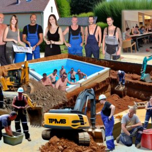 Collage de personnes construisant et profitant d'une piscine.