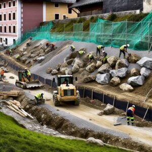 Travailleurs en construction sur un chantier avec pelleteuse.