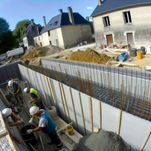 Des ouvriers travaillent sur un chantier de construction extérieur.