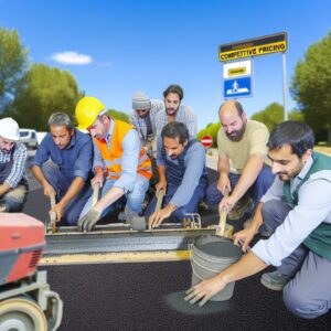 Des hommes pavant une route sous un panneau publicitaire.