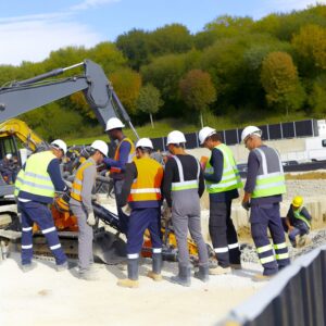 Travailleurs en gilets réfléchissants sur un chantier de construction.