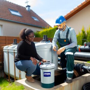 Technicien et cliente discutent près d'un système de traitement d'eau.