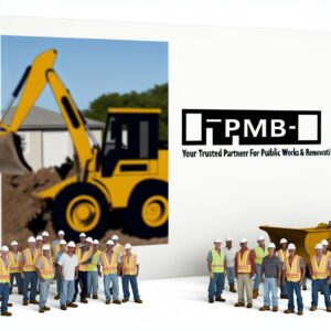 Groupe d'ouvriers avec équipement devant une affiche TPMB.