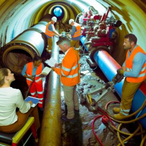 Travailleurs inspectant des tuyaux dans un tunnel souterrain.