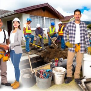 Groupe de travailleurs sur un chantier de construction résidentiel.