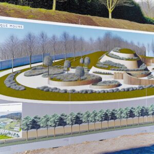 Panneau affichant le projet d'un parc paysager moderne.