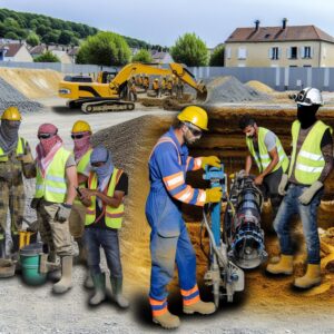 Travailleurs sur un chantier de construction avec machinerie lourde.