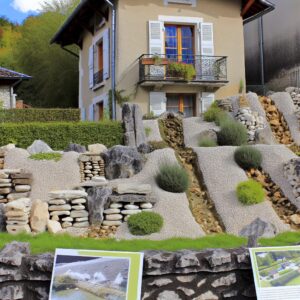 Maison avec jardin en terrasses et informations sur un mur.