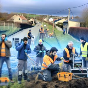 Techniciens installant des câbles de fibre optique dans une rue.