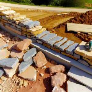 Construction de mur en pierre près d’un chemin de terre.