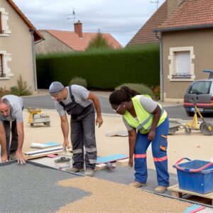 Trois ouvriers installent des dalles sur une route.