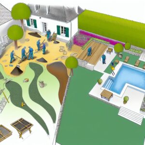 Schéma de paysagistes aménageant un jardin avec piscine.