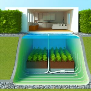 Maison moderne avec jardin et visualisation de géothermie souterraine.