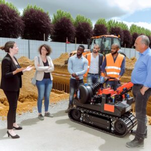 Femme présentant une machine à des professionnels sur un chantier.