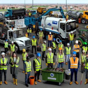 Ouvriers et véhicules de construction sur un chantier.