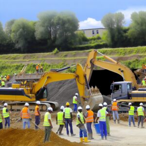 Travailleurs et matériel lourd sur un chantier de construction.