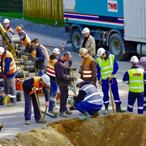 Ouvriers travaillant sur un chantier de construction routier.